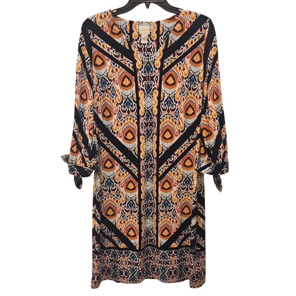 Chico's Ikat Shift Dress 3/4 Sleeve Midi Boho Medallion Geometric Medium Size 1